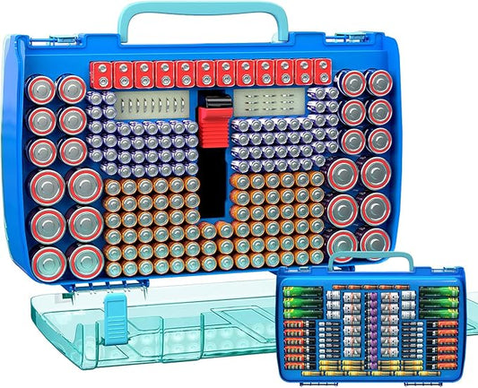 Large Capacity 269 Battery Organizer Storage Case with Tester, Double-Side Battery Holder Container for AA AAA AAAA C D 9V Lithium 3V CR123 CR1632 18650 Batteries(Box Only) (Blue)