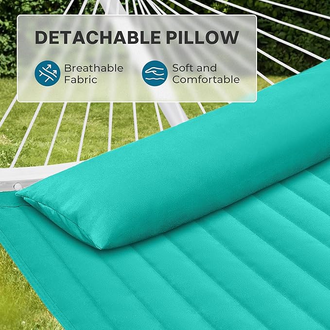 SUPERJARE Hammock with Stand, 2 Person Heavy Duty Hammock with Padded Cotton, Detachable Pillow & Strong Curved-Bar & Portable Carrying Bag, Perfect for Outdoor & Indoor, Turquoise