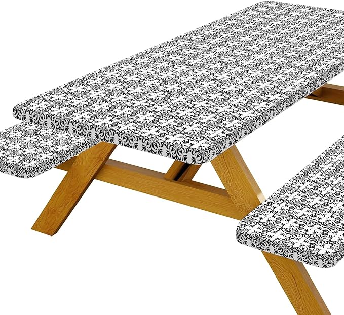 DYNH 3 Pcs Picnic Table Cover with Bench Covers, 8ft Elegant Patterns Waterproof Reusable Elastic Fitted Rectangle Picnic Table Cloths,30x96IN Picnic Tablecloth for Camping Patio Travel Outdoor