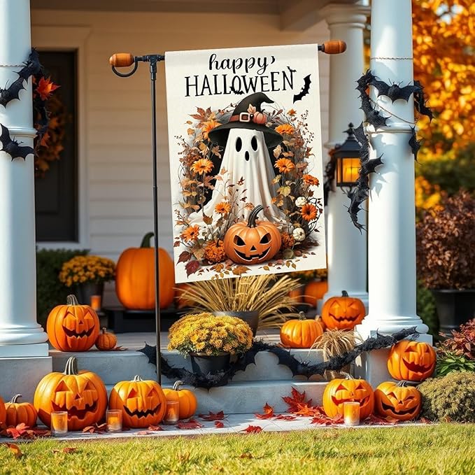 Happy Halloween Garden Flag 12X18 Inch Double Side, Ghost Yard flag,Pumpkin Jack O Lantern Outside Small Garden Flag,Outdoor Flag for Holiday Patio Courtyard Lawn Decoration