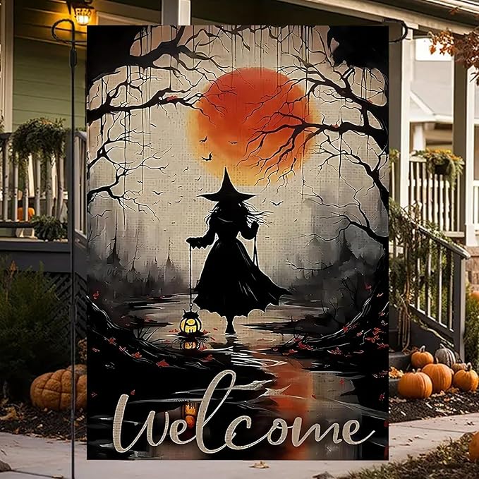 Halloween Garden Flag for Outside 12x18 Inch Double Sided, Witch Small Yard Flags for Outside, Outdoor Welcome Flag Front Porch Decorations for Home
