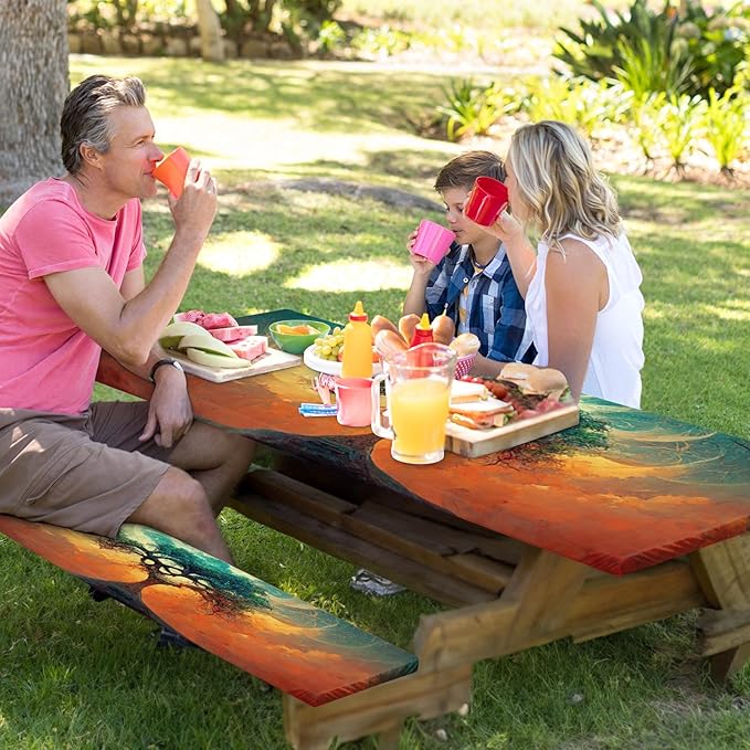 Picnic Table Cover with Bench Covers Elastic Edges, Tree Camper Fitted Table Cover, Outdoor Patio Camping Essentials 72 Inch 3PCS, Waterproof Camping Fitted Tablecloth with Drawstring Bag