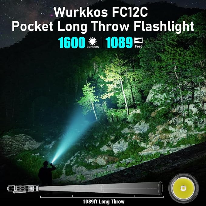 Wurkkos FC12C Tactical Flashlight 1600 High Lumens, USB-C Rechargeable LED Flashlights, 332M Long Throw Flash Light, IP68 Waterproof, Dual Switches and Constant Current Circuit for Home Camping Hiking