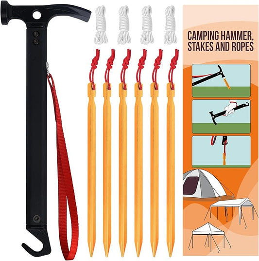 Eurmax USA Hiking Camping Tent Stakes and Hammer Set Lightweight Multi-Function Tent Hammer with Tent Stake Remover,Tent Pegs for Camping, Hiking, Backpacking, Gardening(Gold Stakes)