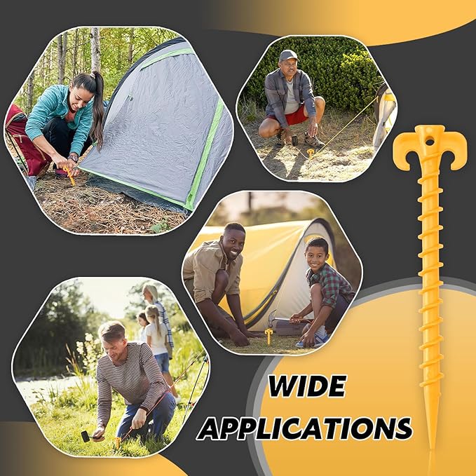 AUGSUN 16 Pack Plastic Tent Stakes Heavy Duty, Yellow Sand Stakes for Beach 7.5 Inch Screw in Tent Stakes Spiral Ground Anchors Tent Pegs Canopy Stakes for Inflatables Outdoor Camping Hiking Garden