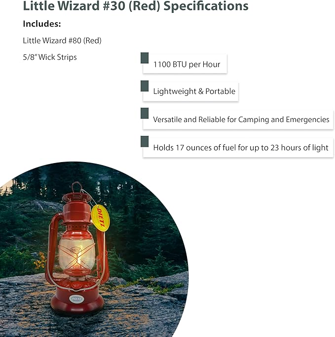 Light of Mine - Dietz #30 Little Wizard Red Oil Lantern with 5/8" Replacement Wick Strips (Red)