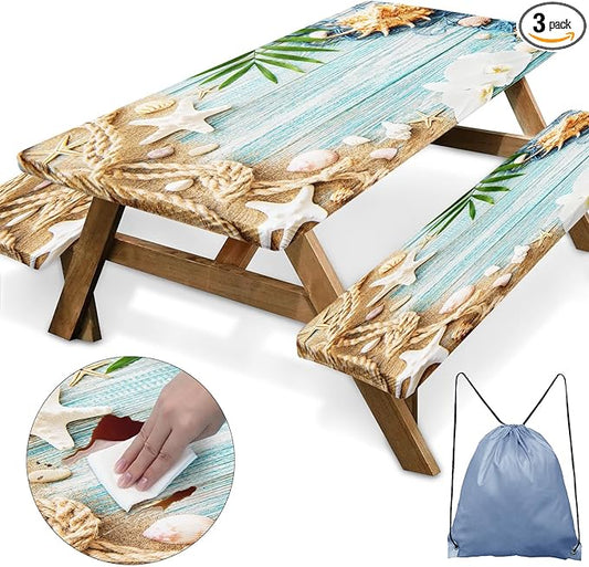 Picnic Table Cover with Bench Covers Elastic Edges, Beach Ocean Fitted Table Cover, Outdoor Patio Camping Essentials 72 Inch 3PCS, Waterproof Camping Fitted Tablecloth with Drawstring Bag