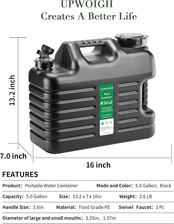 UPWOIGH 5 Gallon Water Jug Set of 2, Camping Water Container, Truly No Leakage Water Storage, Large Military Black Water Tank,BPA Free Portable Emergency Overlanding Gear for Outdoors Hiking