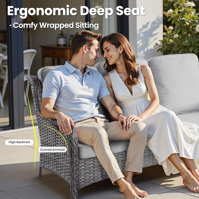 ovios 7 Pieces Patio Furniture Set, Outdoor Wicker Sofas with 4 Chairs, Ottomans and Comfy Cushions, All Weather High Back Couch Set for Deck Porch, Grey Rattan, Grey