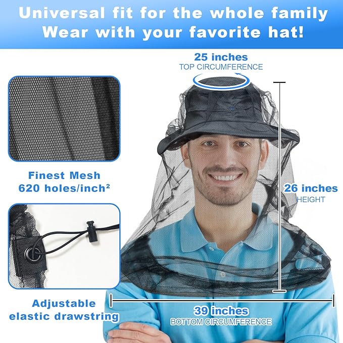 South to East Premium Mosquito Head Net for Insect 1 Pack, Ultra Large & Long, Extra Fine Holes, Fly & Bug Protection Gear for Camping, Hiking, Fishing, Gardening, Safari, Fit All Hats for Men & Women