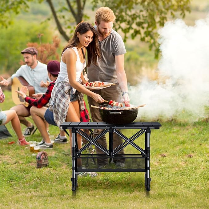 Folding Camping Table, Aluminum Roll Up Camping Table Adjustable Height with Storage Net and Bag, Lightweight Outdoor Table 25” X 16”, for Outdoor Travel BBQ Party Picnic, Black