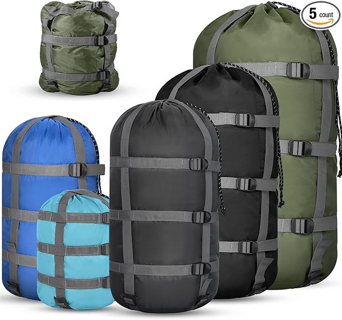 5 Pack Compression Stuff Sack 5 Assorted Size Sleeping Bag Stuff Sack Ultralight Sleeping Bag Cover Space Saving Gear for Travel Outdoor Camping Hiking Backpacking