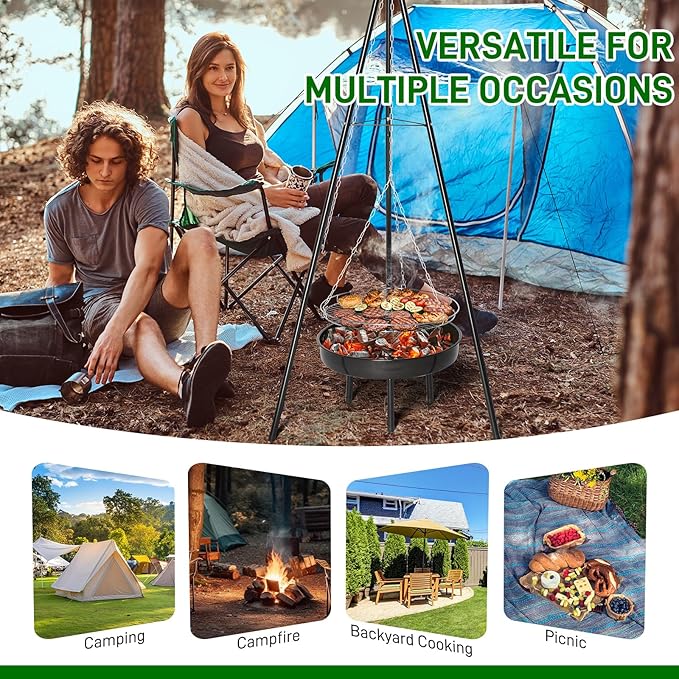 Outvita Campfire Tripod Grill, Adjustable Height BBQ Grill Grate with Fire Bowl for Outdoor Camping BBQ, Black