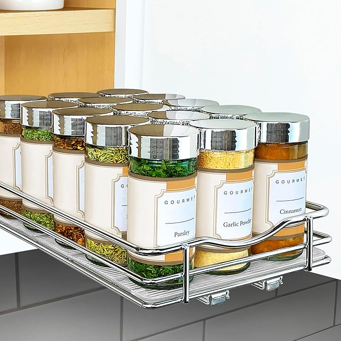 LYNK PROFESSIONAL® Pull Out Spice Rack Organizer for Inside Kitchen Cabinets - 6-1/4 inch Wide - Slide Out Drawer – Chrome Sliding Spice Cabinet Organization Shelf Racks - 1 Tier
