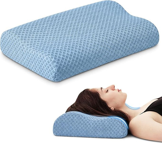 Travel Pillow Memory Foam Pillows, Ergonomic Wave Cervical Neck Pillow for Neck Pain Relief, Compressible Medium Firm Side Sleeper Pillow, Ideal for Camping, Office, Home & Bed (Blue, L)