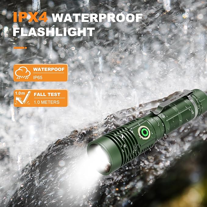 Small Tactical Flashlights High Lumens - 1500 Meters Long Beam Super Bright LED Magnetic Flashlight USB Rechargeable Zoomable 5Modes Long Beam Spotlight Flashlight for Hiking, Camping-Green