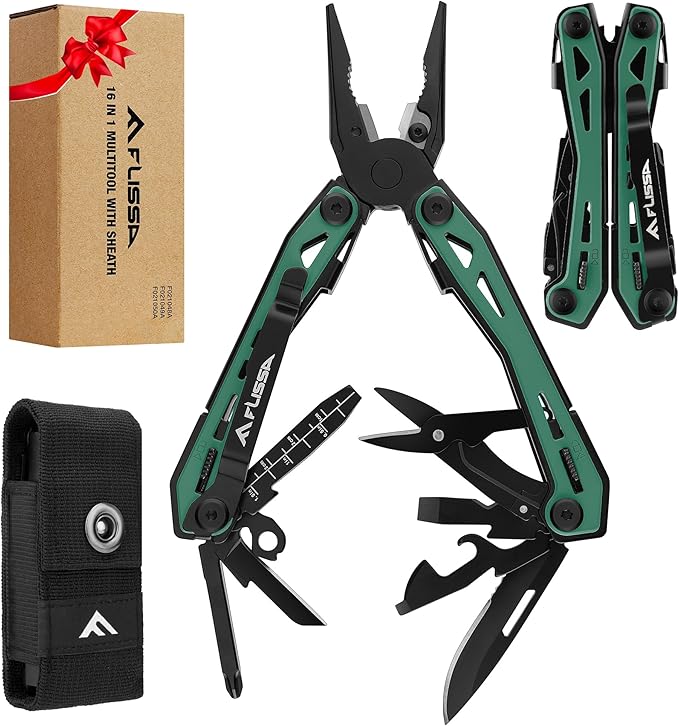 FLISSA 16-in-1 Multi Tool Pliers, Gift for Dad, Stainless Steel EDC Multitool with Pocket Knife, Belt Clip and Oxford Pouch, Self-locking Multipurpose Utility Multi-Tool for Camping Survival Outdoor