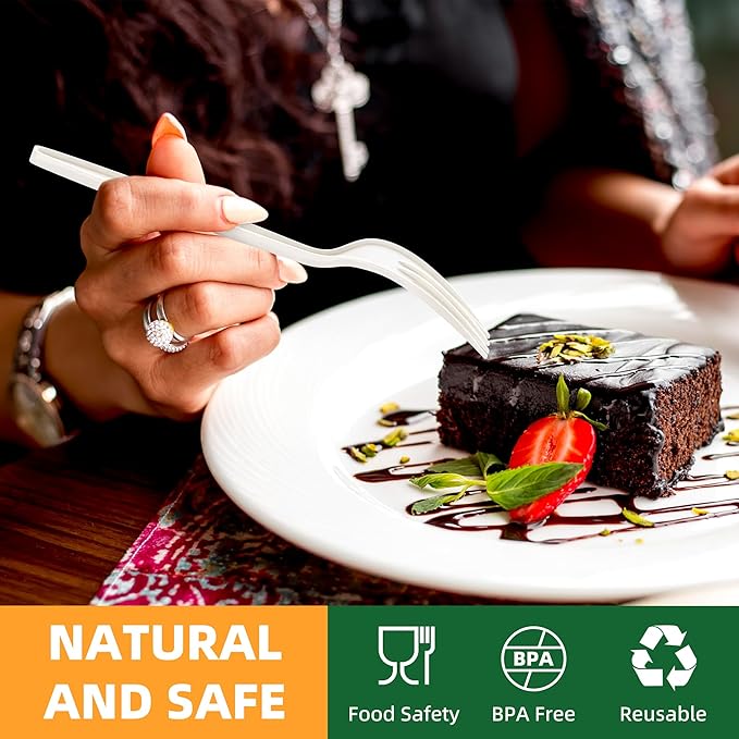 100% Compostable Fork, 7" 150pcs Disposable Cornstarch Forks Heavy Duty Cutlery BPI Certified Eco-Friendly Utensils Biodegradable Party Dinner Supplies No Plastic, Ivory White