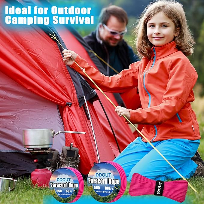 Paracord Nylon Rope Pink 100ft with 7-Strand Core, 10 Colors and 50/100/200 ft, Type III Parachute Cord 4mm for Camping, Survival, Hiking, DIY, Crafting, Outdoor Utility Rope