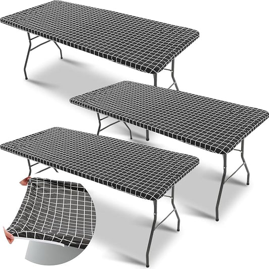 3 Pcs Plastic Picnic Table Cover Checkered Tablecloth Fitted Rectangular Table Cloth 30 x 72 Inch Vinyl Waterproof Flannel Backed with Elastic Rim for Indoor Outdoor Picnic Party(Black and White)