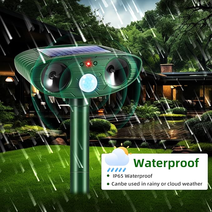 2 Pack 2025 Ultrasonic Solar Animal Repellent Outdoor,Squirrel Fortress Pro Deer Repellent Devices Motion Detection, Waterproof Cat Mouse Raccoon Dog Rabbit Deterrent for Garden Yard