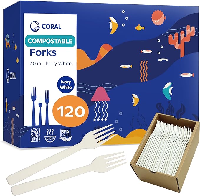 CORAL Ivory White 100% Compostable Forks - 120 Heavy Duty Forks (7.0 inch) - Break Resistant with Smooth Edges, Ocean Friendly Alternative to Plastic Silverware - Biodegradable & Disposable Forks