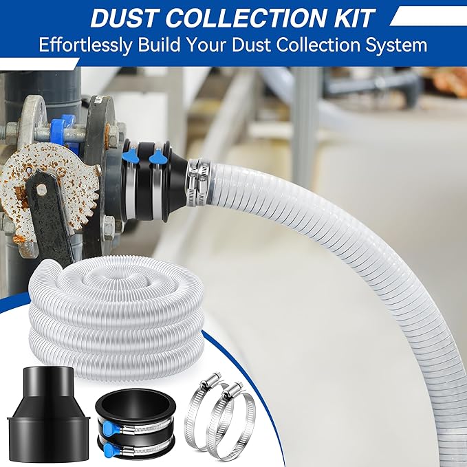 2-1/2 x10 ft PVC Dust Collection Hose with 2 Steel Hose Clamps 4 to 2-1/2 Cone Reducer & 4 in Dust Collection Flex Cuff with 2 Adjustable Turn Key Thumb Clamps for Debris Collection System