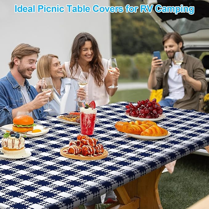 Picnic Table Cover with Bench Covers Portable Table Cloth Built-in Storage Pocket Picnic Table Covers with Elastic Waterproof Camping Essentials for RV Camping