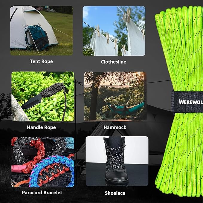 WEREWOLVES Reflective Paracord Rope 7 Strand Type III Parachute Cord 4mm 100ft / 200ft for Tent Camping Hiking Fishing Survival Tactical Clothesline DIY Projects