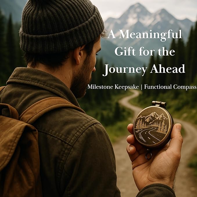 Engraved Compass Gift for Men – Vintage Brass Pocket Compass for Hiking, Adventure, and Travel – Antique Finish with Leather Case – Moon & Stars, or Road Design – Gift for Dad, Husband, or Son