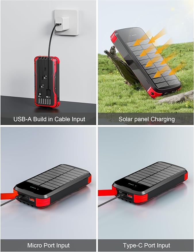 Solar Charger Power Bank, 40000mAh Portable Charger PD 20W Fast Charging Solar Power Bank Built in 4 Cables and USB-C in/Output, Camping Essentials External Battery Pack with Flashlights