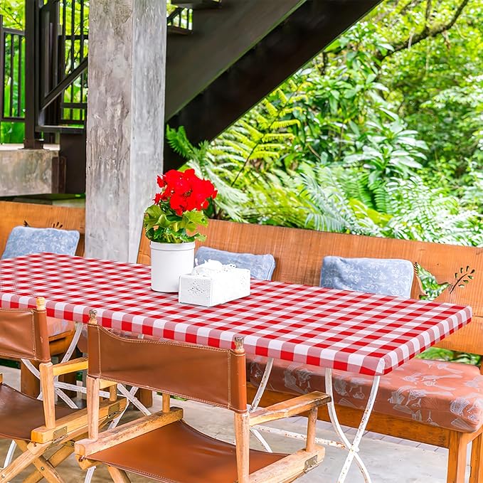 misaya Buffalo Rectangle Picnic Tablecloth, 8 Foot Elastic Fitted Vinyl Table Cloth with Flannel Backing, Waterproof Plaid Table Covers for Dining, Camping, Outdoor (Red and White, 30" x 96")