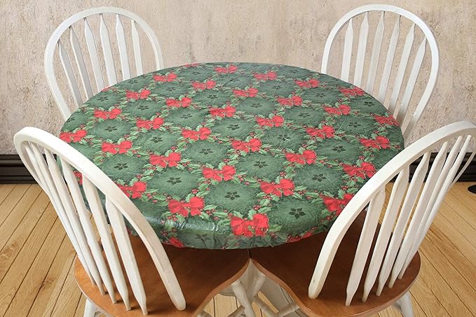Violet Linen Holly and Ribbons Elastic Round Table Cover, Large
