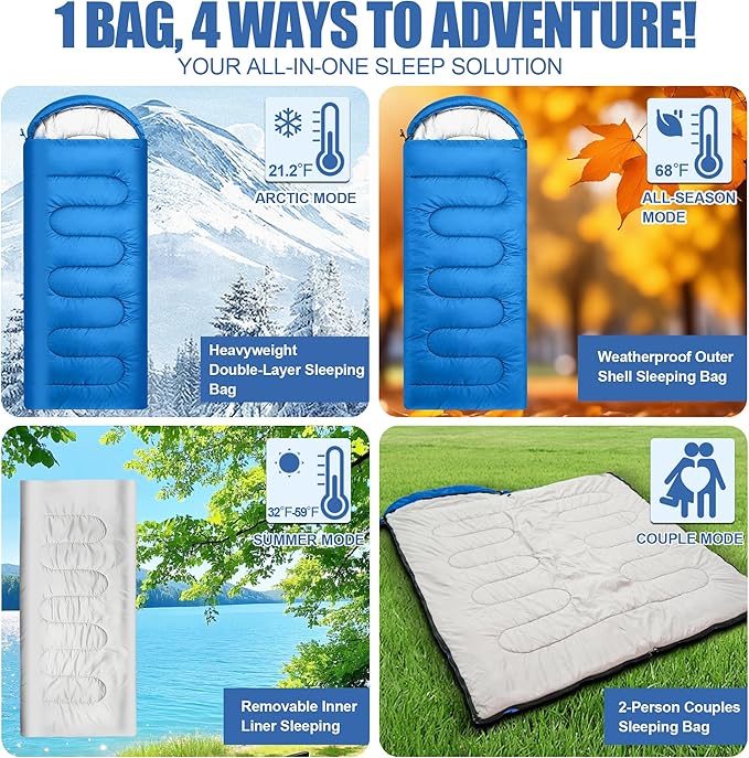 2-in-1 Detachable Sleeping Bag,Waterproof 4-Season Adult Sleeping Bags w/Removable Cotton Liner – Converts to 2 Lightweight Bags for Camping, Hiking, Travel