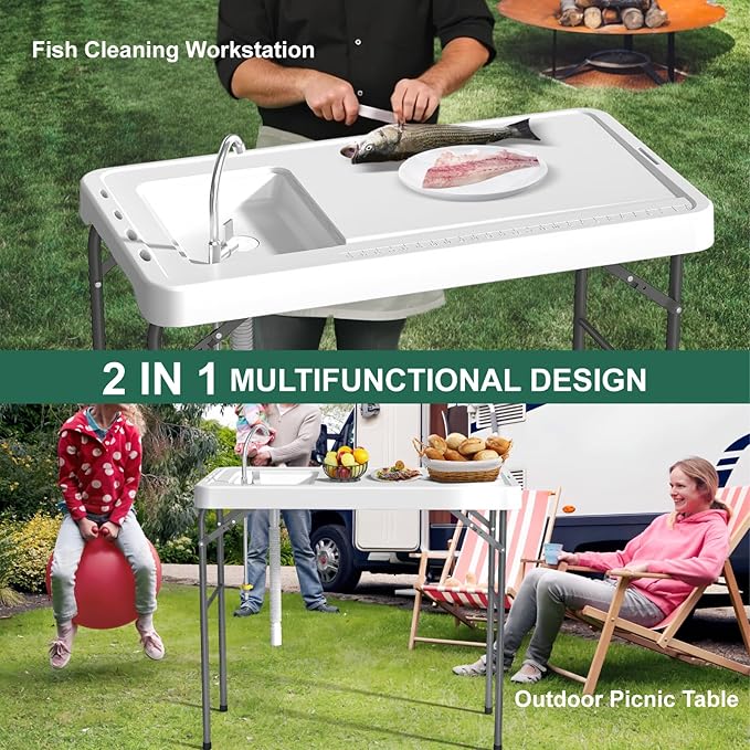 42.5" Fish Cleaning Table with Sink, Folding Camping Table & Fish Cleaning Station with Measure Mark, Camping Sink with Hose Hookup for Outdoor Picnic, Beach, Dock & Patio Use