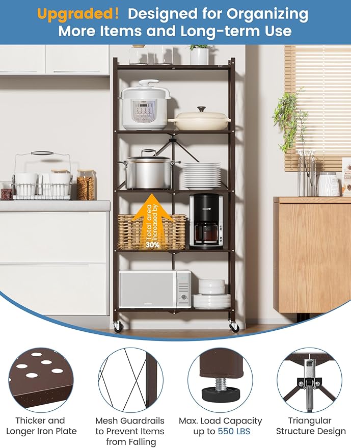 ALANNG 70.7" H Metal Storage Shelves, 5 Tier Folding Shelf on Wheels, Heavy Duty, No Assembly, Rolling, Collapsible Rack Unit for Kitchen, Basement, Pantry (Vintage Brown,1 Pack)