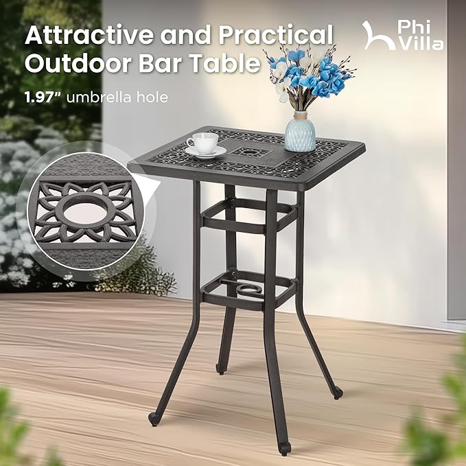 PHI VILLA Cast Aluminum Patio Bar Set with 2 Outdoor Swivel Bar Stools & 42" Pub Bar Height Table (1.96" Umbrella Hole), All Weather Furniture Bistro Table Chairs Set for Lawn, Garden