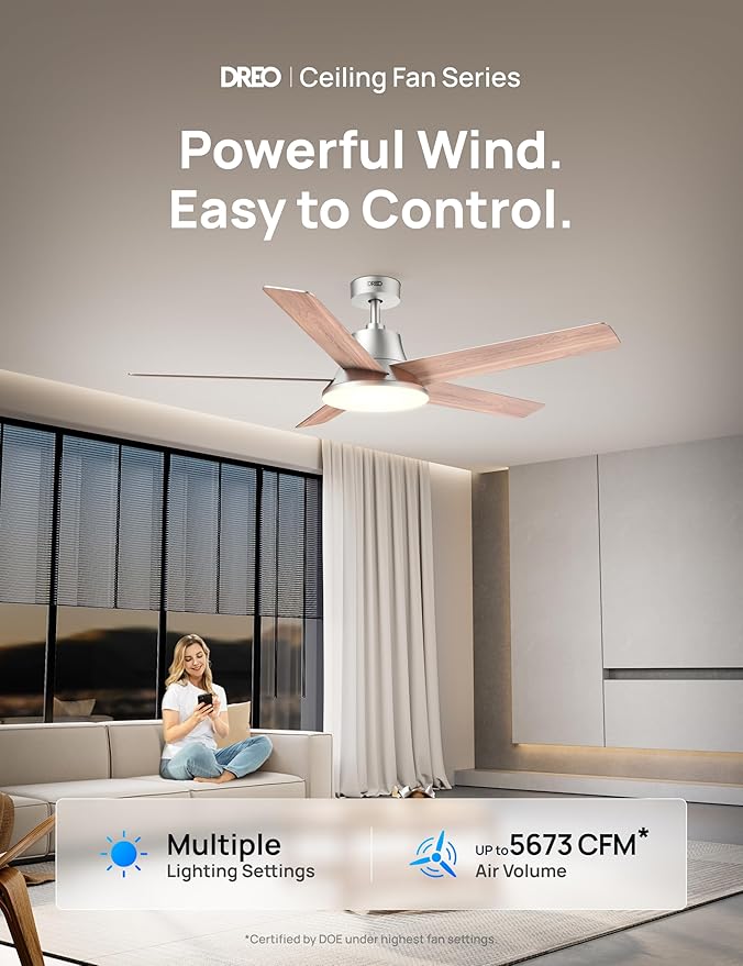 Dreo Ceiling Fans with Lights and Remote, 52 Inch, 6 Speeds, 5 Color Tones Dimmable LED, Quiet Reversible DC Motor, 8H Timer, Silver Ceiling Fan for Bedroom, Living Room, Easy to Install