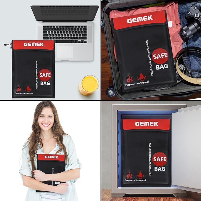 Fireproof Document Bag (2000℉) Upgraded 2 Pockets, GEMEK 15”x 11” Fireproof and Waterproof Money Bag Fireproof Safe Storage for Money, Documents, Jewelry and Passport (Black - 2 Zipper)