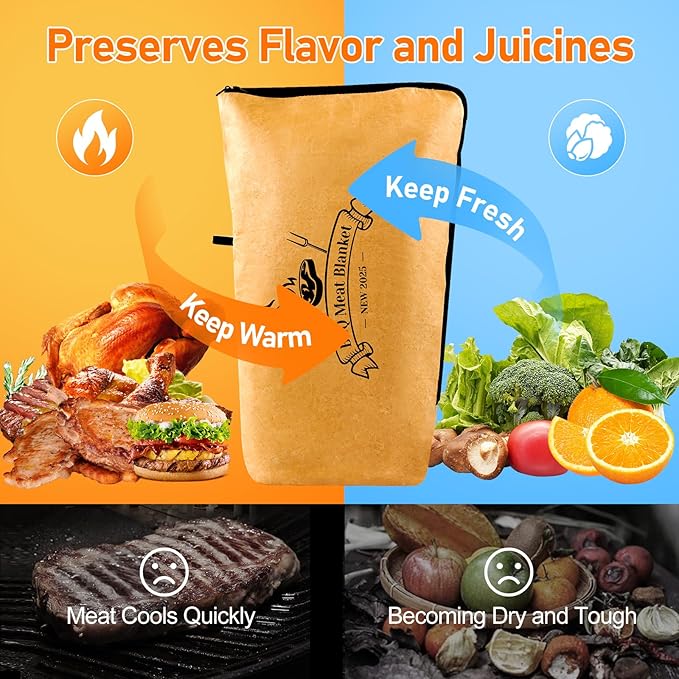 BBQ Blanket for Resting Meat 21 in Reusable Insulated Smoker Grilling Meat Resting Bag with Dual Zippers, Wide Mouth Design for Large Briskets/Pork Shoulders/Turkeys, Grill Gifts