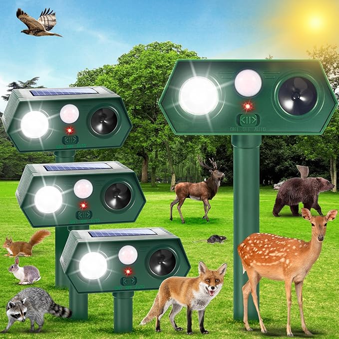 4 Pack Ultrasonic Solar Animal Repellent Cat Deterrent Outdoor,Deer Repellent with Motion Sensor Strobe Light,Waterproof Animal Repeller for Raccoon Squirrel Rabbit Dog Skunk,Yard Garden Protection