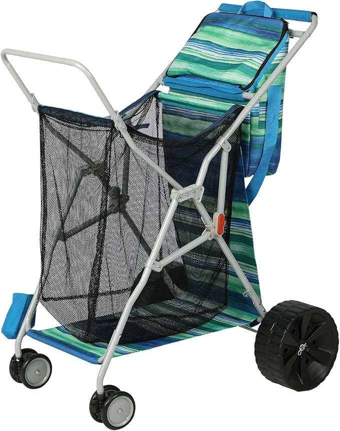 Beach Cart with Big Wheels for Sand, Collapsible All-Terrain Beach Wagon with Cooler Bag & Umbrella Holder, Large Mesh Storage, Supports 100lbs for Camping, Outdoor, Shopping, Dark Blue Stripes