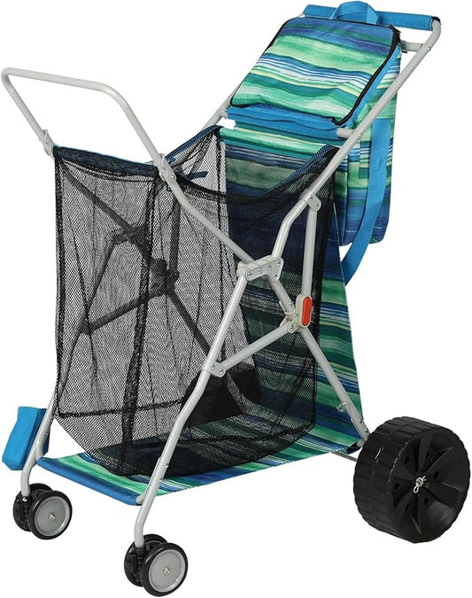 Beach Cart with Big Wheels for Sand, Collapsible All-Terrain Beach Wagon with Cooler Bag & Umbrella Holder, Large Mesh Storage, Supports 100lbs for Camping, Outdoor, Shopping, Dark Blue Stripes
