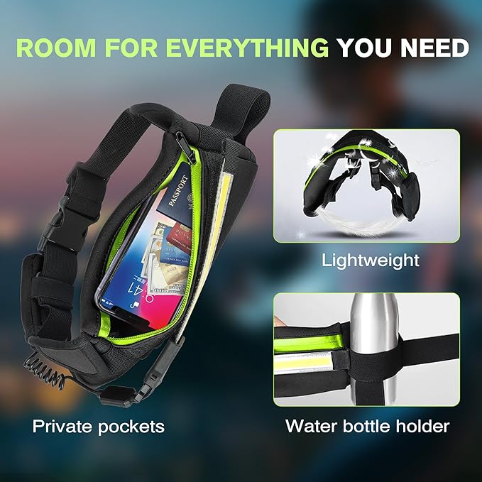 Running Light, 1000Lumens Running Belt Running Gear with 230°Rechargeable Night Running Light for Phone Waist Bag Light with Water Bottle Holder Slim Running Belt for Runners Sports Jogging Walking