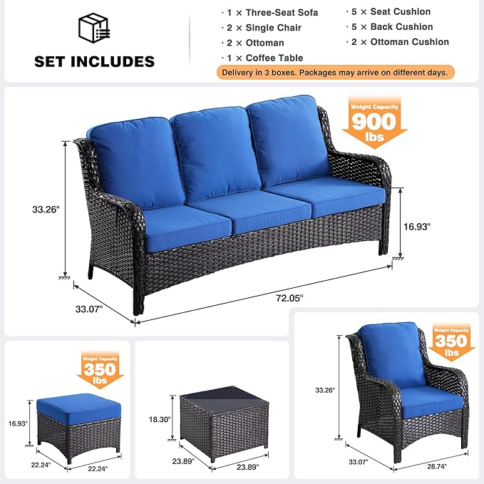 ovios 6 Pieces Patio Furniture Set, Outdoor Wicker Sofas with Glass Coffee Table and Comfy Cushions, All Weather High Back Couch Set for Deck Porch, Brown Rattan, Navy Blue