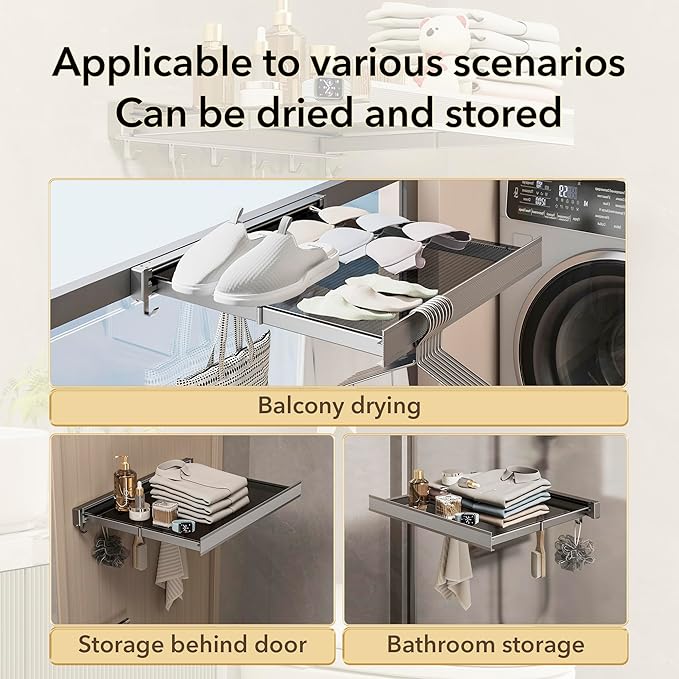 Wall Mounted Drying Rack with Net - Laundry Drying Rack for Shoes, Socks, Underwear - Folding, Retractable, Collapsible
