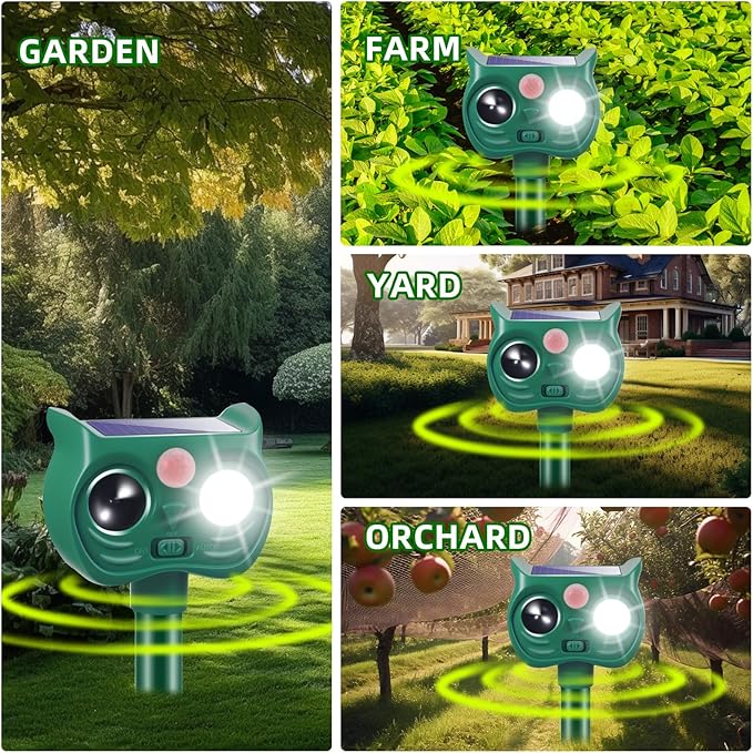 4Pack Solar Ultrasonic Animal Repellent, Cat Repeller Outdoor, Waterproof Deer Deterrent Devices with Motion Sensor to Scare Squirrel Rabbit Raccoon Skunk with White&Red LED Flash Lights for Yard