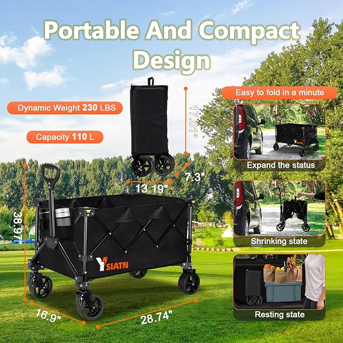 Collapsible Wagon Cart with Brake, Foldable Wagon Cart with All Terrain Wheels, Large Grocery Carts On Wheels, Heavy Duty Utility Wagons for Shopping Beach Sports Fishing Camping, 110L, Black