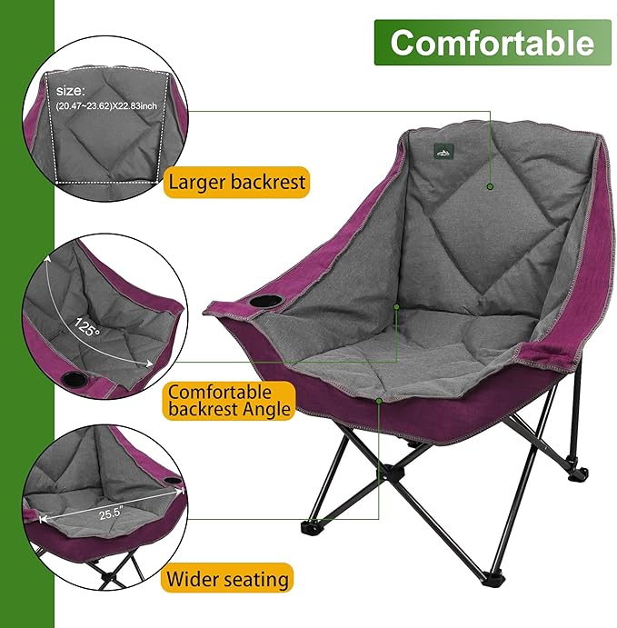 Northroad Oversized Foldable Camping Chair, Outdoor Padded Lawn Chair w/Cup Holder,Carry Bag for Beach, Hiking, and Picnics,Heavy-Duty 300-lbs Capacity, Purple