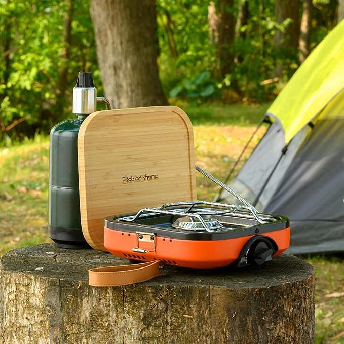 BakerStone Camping Stove, Outdoor Portable Propane Gas Stove with 8000 BTU, Single Burner Camp Stove with Cooking Grate, Wooden Tray, Inlet Gas Regulator and Pipe